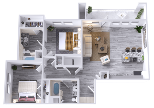 a 3d rendering of a two bedroom apartment at The La Ventana