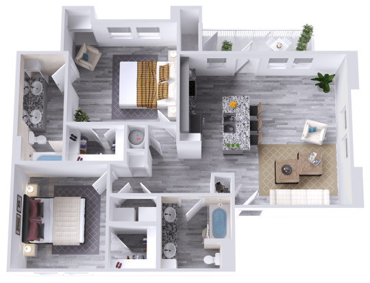 a 3d rendering of a two bedroom apartment at The La Ventana
