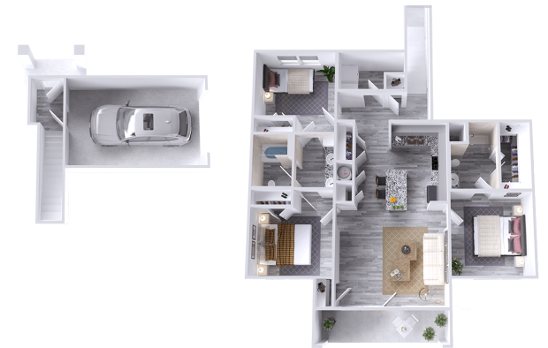 a 3d rendering of a two bedroom apartment at The La Ventana