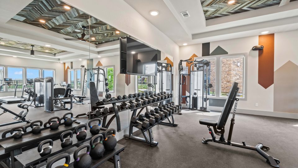 a gym room with weights and exercise equipment at The La Ventana